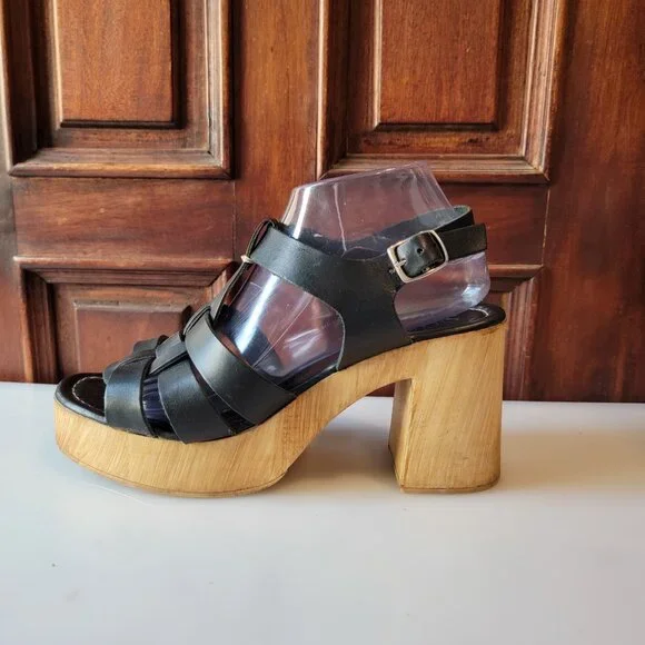 Anthropologie Silent D Italian Black Leather Wooden Fisherman Heels Sz 41 - Picture 2 of 11